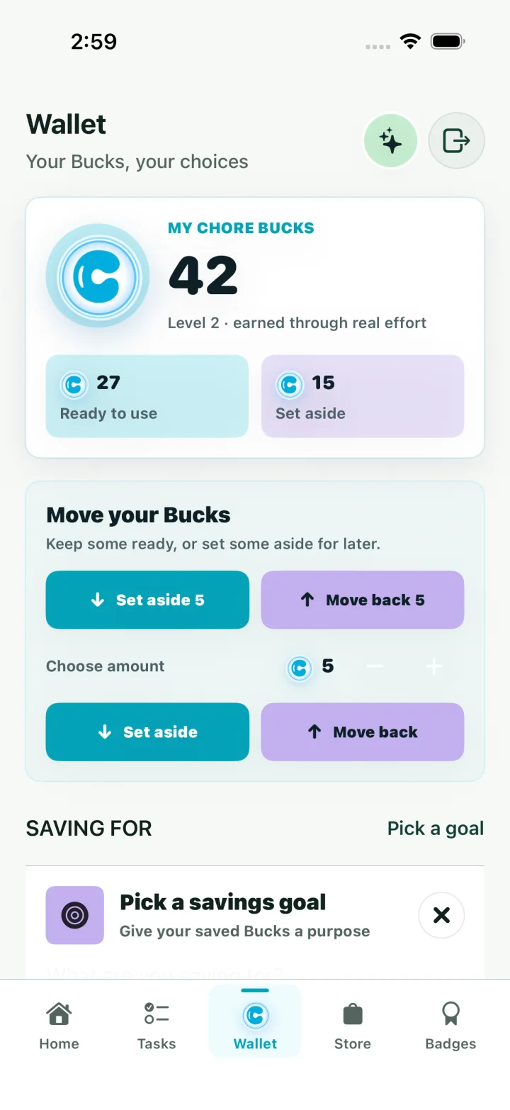Middle child Chore Bucks wallet with manual savings controls