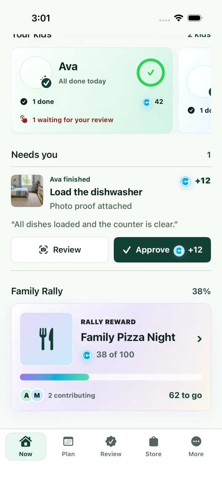 Current ChoreRally Rally Reward showing a voluntary shared family goal