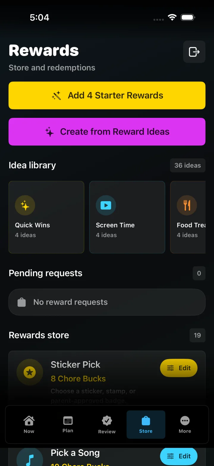 Parent view for creating and editing family rewards