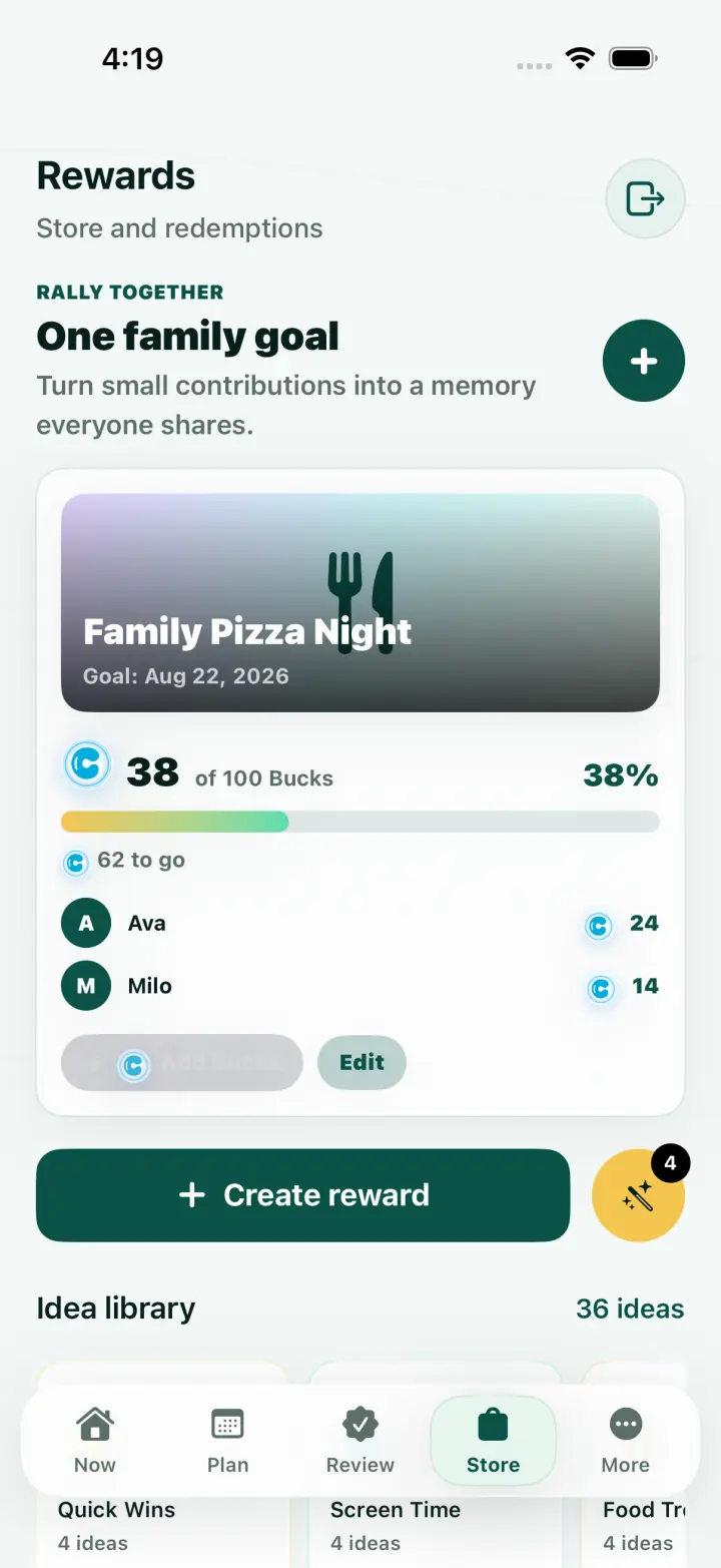 Parent view for creating and editing family rewards