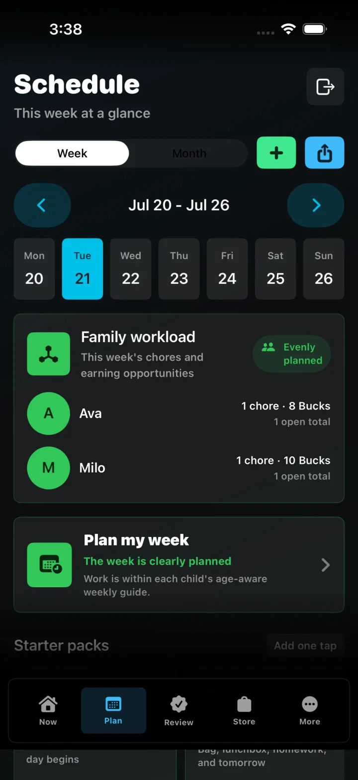 Parent schedule with weekly chore planning