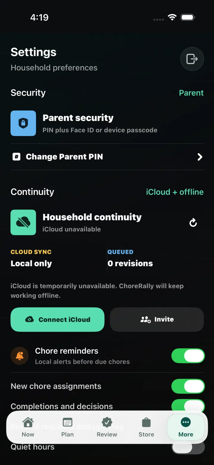 ChoreRally parent settings with privacy and continuity controls
